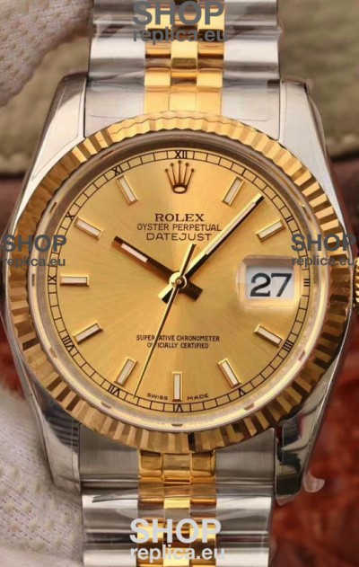 Rolex Datejust 36MM Cal.3135 Movement Swiss Replica Watch in 904L Steel Two Tone Casing Gold Dial