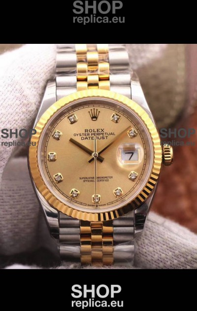 Rolex Datejust 36MM Cal.3135 Movement Swiss Replica Watch in 904L Steel Two Tone Casing Gold Dial