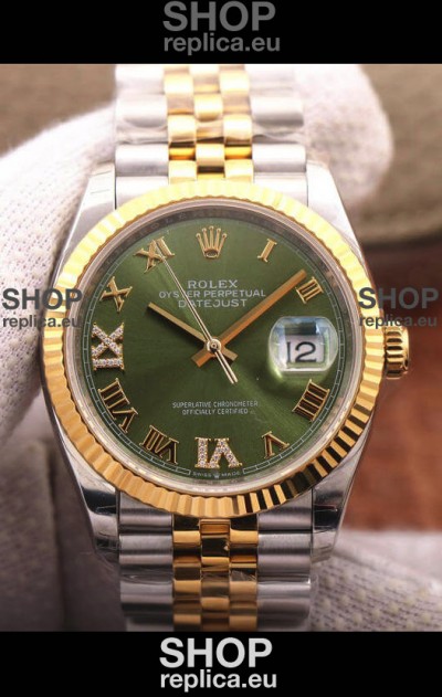 Rolex Datejust 36MM Cal.3135 Movement Swiss Replica Watch in 904L Steel Two Tone Casing Green Dial