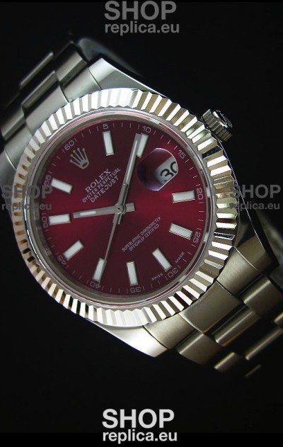 Rolex Datejust Japanese Replica Watch - Maroon Dial in 41MM with Oyster Strap