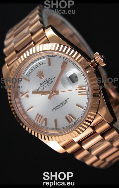 Rolex Day Date Japanese Replica Watch - Rose Gold Casing in Steel Dial 40MM