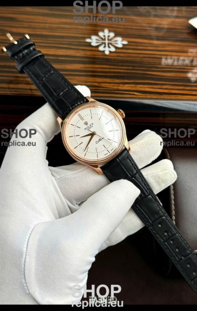 Rolex Cellini Date Ref#50505 Replica 1:1 Mirror Rose Gold Steel White Dial Watch 