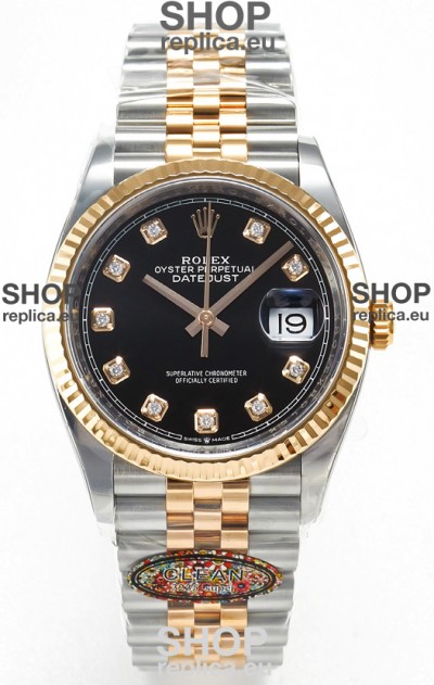 Rolex Super Clone Datejust ETA 3235 Movement 36MM Two Tone Rose Gold Swiss Black Dial Watch