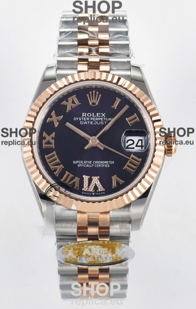 Rolex Super Clone Datejust ETA 2688 Movement 31MM Two Tone Rose Gold Swiss Purple Dial