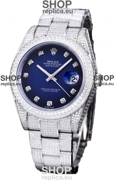 Rolex Datejust 41MM Swiss Replica - Iced Out Edition in Blue Dial 