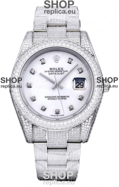 Rolex Datejust 41MM Swiss Replica - Iced Out Edition in White Pearl Dial