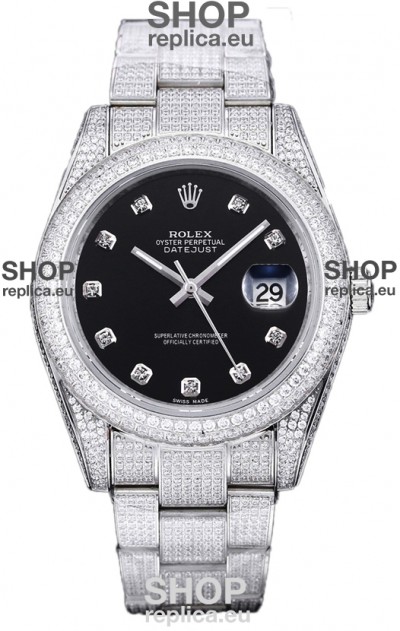 Rolex Datejust 41MM Swiss Replica - Iced Out Edition in Black Dial 
