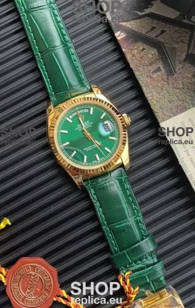 Rolex Day Date Yellow Gold Casing Watch in Green Strap 36MM - 1:1 Mirror Quality 