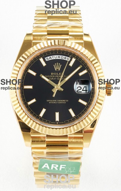 Rolex Day Date Super Clone 18K Yellow Gold Watch 40MM - Black Dial 1:1 Mirror Quality