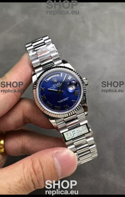 Rolex Day Date Super Clone Stainless Steel Blue Dial Small Roman Numerals Watch 36MM - 1:1 Mirror Quality