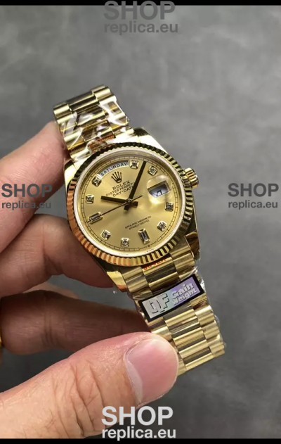 Rolex Day Date Super Clone Yellow Gold Casing and Dial Diamonds Numerals Watch 36MM - 1:1 Mirror Quality