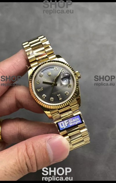 Rolex Day Date Super Clone Yellow Gold Grey Dial Diamonds Numerals Watch 36MM - 1:1 Mirror Quality