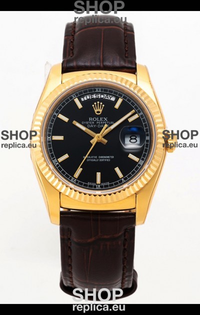 Rolex Day Date Yellow Gold 904L Steel Casing Watch in Black Dial 36MM - 1:1 Mirror Quality