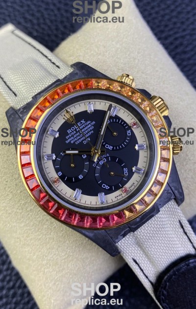 Rolex Daytona DiW Carbon Edition Rainbow Bezel - Forged Carbon Casing Beige Strap 1:1 Mirror Replica