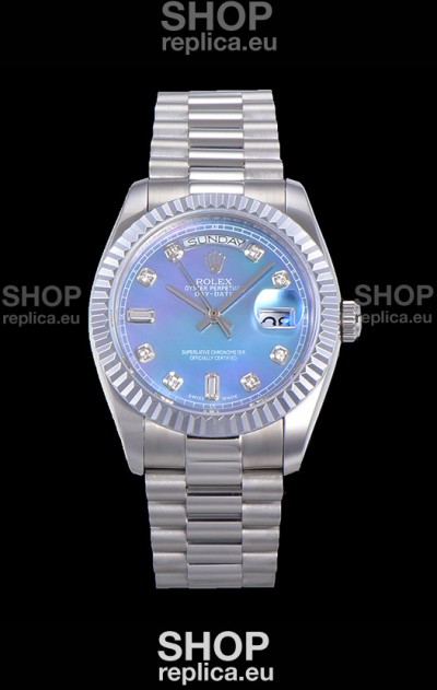 Rolex Day Date Watch in Blue Dial with Diamonds Hour Numerals ETA Movement - 904L Steel 