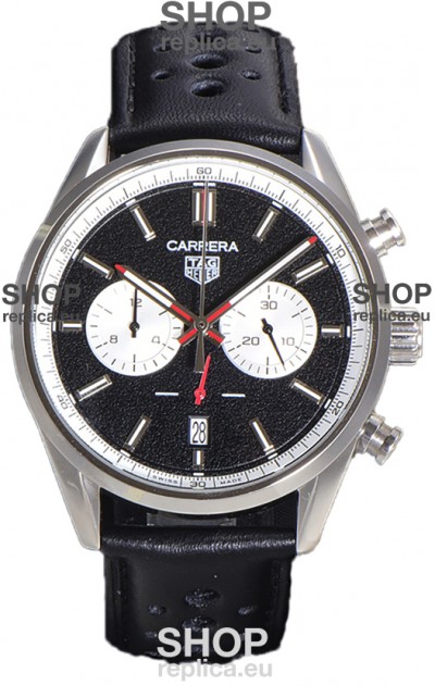 Tag Heuer Carrera Chronograph 43 Swiss Quartz Replica Watch Black Dial Leather Strap 