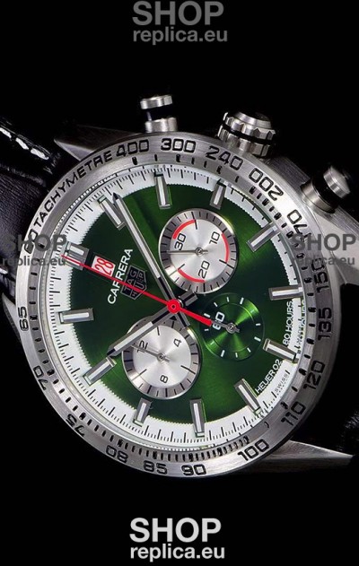 Tag Heuer Carrera Swiss Quartz Movement Replica Watch in Green Dial - Black Leather Strap
