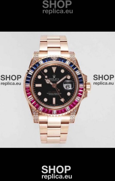 Rolex GMT Masters II Diamonds Swiss watch with Rose Gold 904L Case - 1:1 Mirror Quality 