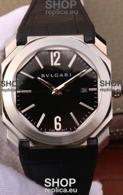 Bvlgari Octo Roma Edition 1:1 Mirror Replica in 904L Steel Casing - Black Dial Leather Strap