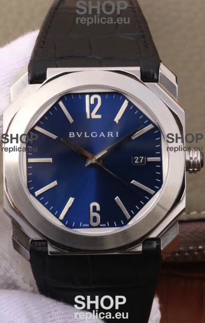 Bvlgari Octo Roma Edition 1:1 Mirror Replica in 904L Steel Casing - Deep Blue Dial Leather Strap