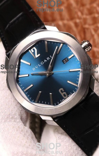 Bvlgari Octo Roma Edition 1:1 Mirror Replica in 904L Steel Casing - Steel Blue Dial Leather Strap