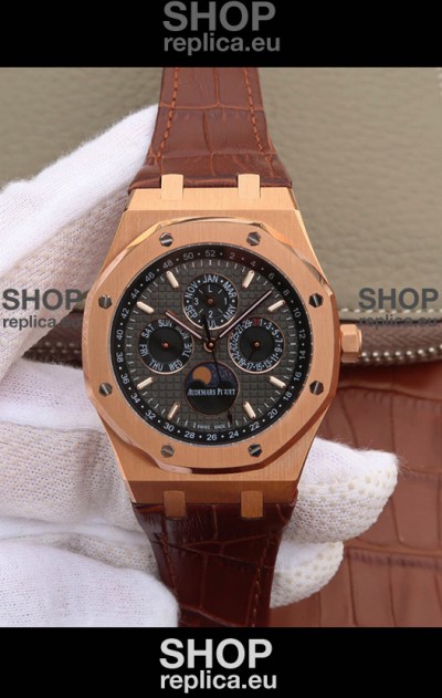 Audemars Piguet Royal Oak Perpetual Calendar Swiss Replica Rose Gold Casing Watch in Grey Dial