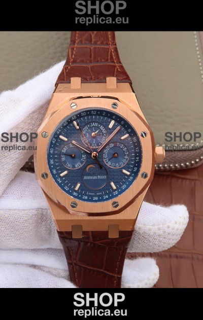 Audemars Piguet Royal Oak Perpetual Calendar Swiss Replica Rose Gold Casing Watch in Blue Dial