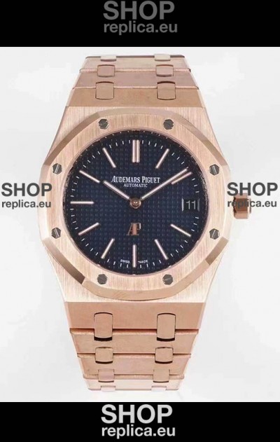 Audemars Piguet Royal Jumbo Oak Extra Thin Swiss Replica Rose Gold - 1:1 Mirror Replica Watch Blue Dial