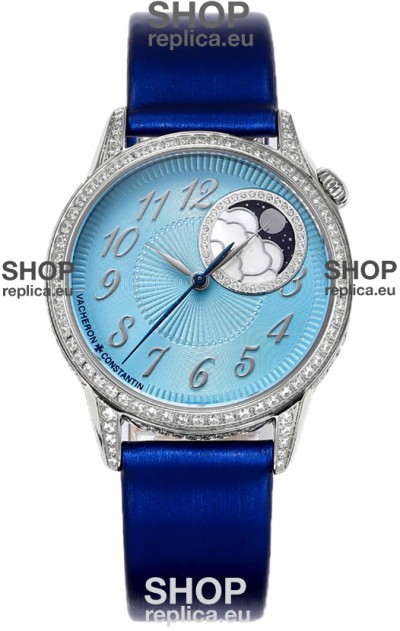 Vacheron Constantin Egerie Muse Moonphase 904L Steel Casing in Blue Dial Swiss Replica