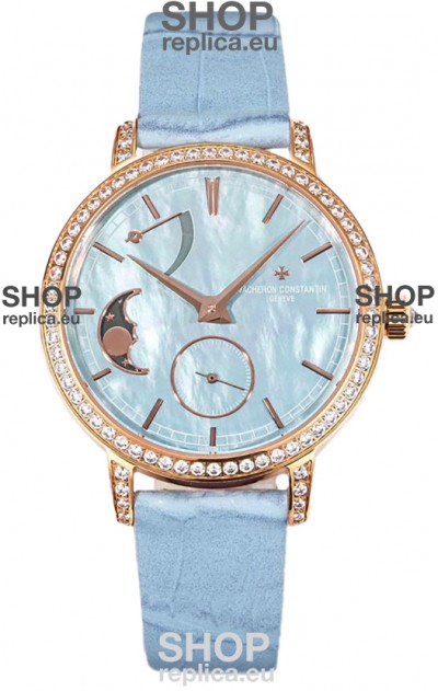 Vacheron Constantin Traditionelle Moon Phase Blue Mother of Pearl Dial in Rose Gold Swiss Replica