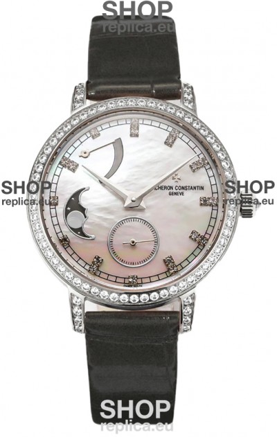 Vacheron Constantin Traditionelle Moon Phase Mother of Pearl Dial in Steel Case Swiss Replica