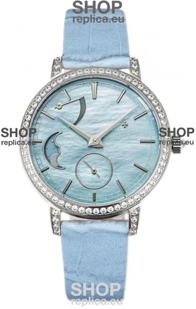 Vacheron Constantin Traditionelle Moon Phase Blue Mother of Pearl Dial in Steel Case Swiss Replica