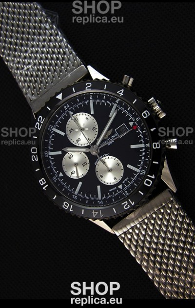 Breitling Chronoliner Steel-Black Mesh Strap in Black Dial Swiss Replica Watch 