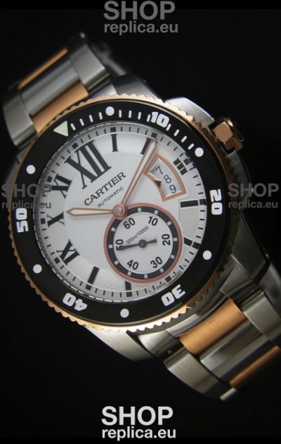 Calibre De Cartier Watch 42MM Black Dial Two Tone Case White Dial - 1:1 Mirror Replica Watch