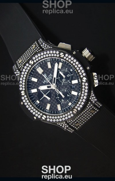 Hublot Big Bang Carbon Dial Diamonds Studded PVD Case Swiss Watch 