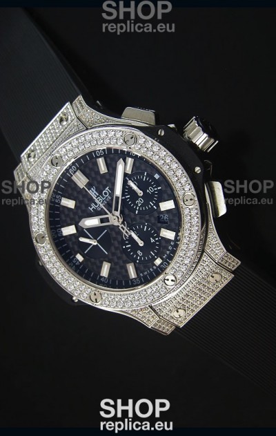 Hublot Big Bang Carbon Dial Diamonds Studded Stainless Steel Swiss Watch 