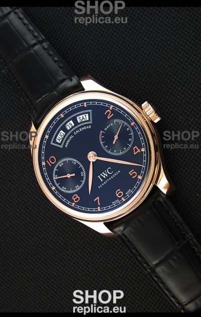 IWC Portugieser Annual Calender Midnight Blue Pink Gold IW503504 1:1 Mirror Replica