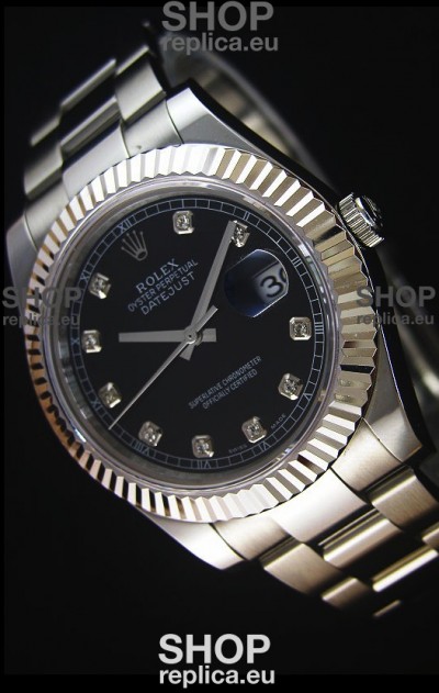 Rolex Datejust II 41MM with Cal.3136 Movement Swiss Replica Watch in Black Dial Diamonds Markers