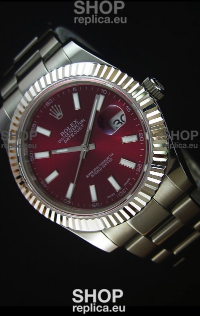 Rolex Datejust II 41MM with Cal.3136 Movement Swiss Replica Watch in Deep Red Dial Stick Markers 