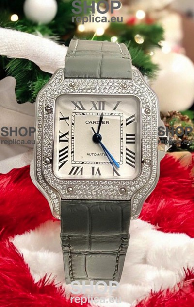 Santos De Cartier Watch in White Dial 39.50MM MOSSANITES Paved Bezel Swiss Replica Watch