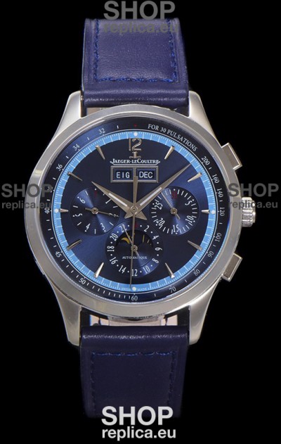 Jaeger LeCoultre Master Control Chronograph Calendar Steel Casing Blue Dial Watch 