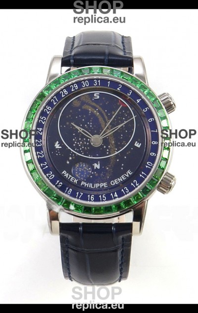 Patek Philippe Grand Complications 6102 Blue Dial Green Diamonds Swiss Replica Watch 