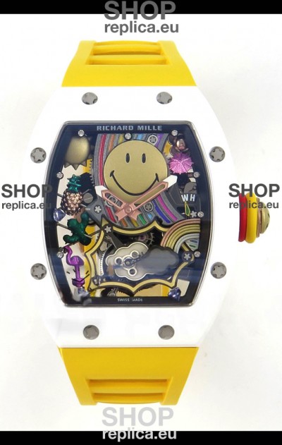 Richard Mille Super Clone RM088 Smiley Tourbillon White Ceramic Rubber Strap Watch 