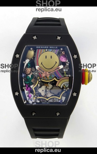 Richard Mille Super Clone RM088 Smiley Tourbillon Black Ceramic Rubber Strap Watch 
