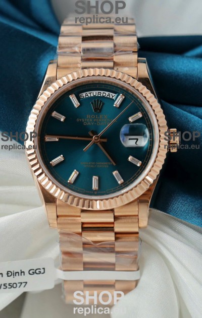 Rolex Day Date Super Clone Rose Gold Blue Dial Crystal Numerals Watch 36MM - 1:1 Mirror Quality