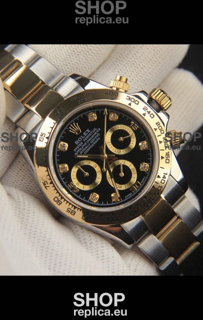 Rolex Daytona Japanese Movement Two Tone Gold Casing Watch in Black Dial 