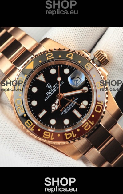 Rolex GMT Masters II Rose Gold Plating Japanese Replica Watch Black Dial