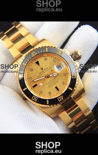 Rolex Submariner Japanese Replica Watch in Yellow Gold Casing Black Bezel