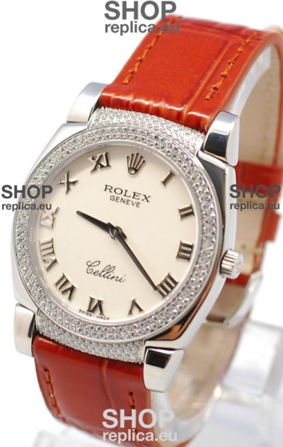 Rolex Cellini Cestello Ladies Swiss Watch Roman White Face Diamonds Bezel and Lugs