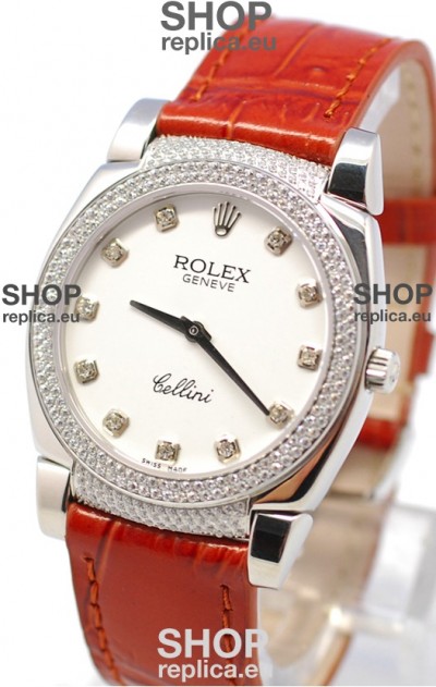 Rolex Cellini Cestello Ladies Swiss Watch White Face Diamonds Hour, Bezel and Lugs